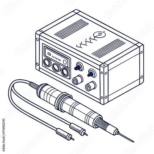 Isometric line art illustration of a professional tattoo machine power supply unit and a tattoo pen