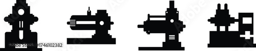 Set of four black silhouettes of metal tube notching machines vector