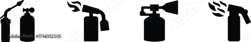 Set of four propane torches with flames black silhouettes on vector