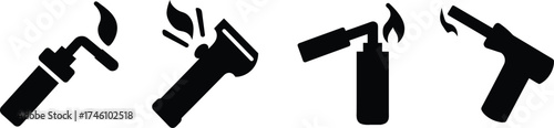 Set of four brazing torch icons flame hot metal working tool silhouette collection vector