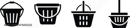 Set of four minimalist line art buckets and baskets with handles for draining water vector