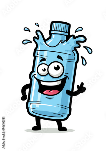 A cartoon style blue water bottle character mascot stands cheerfully against a white backdrop, complete with expressive eyes, a wide smile, and playful water splashes