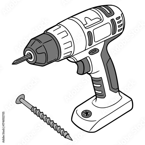 A modern cordless power drill and a single screw are depicted in a clean minimalist illustration style