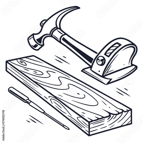 A vintage style illustration of a claw hammer and a awl tool positioned near a wooden plank