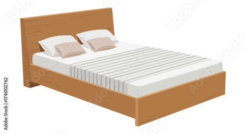 Modern wooden bed frame with comfortable mattress and pillows isolated on white providing a clean aesthetic for interior design concepts.