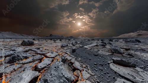 A haunting, high-contrast vision of a Venusian or alien landscape with a cracked, volcanic rock surface showing glowing lava beneath.