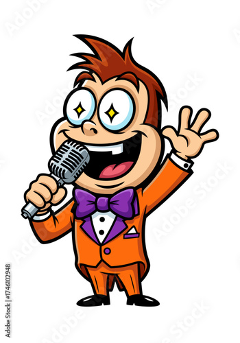 A cheerful cartoon boy mascot singing into a microphone while wearing a vibrant orange suit and a stylish purple bowtie, isolated against a clean white background. Vector illustration