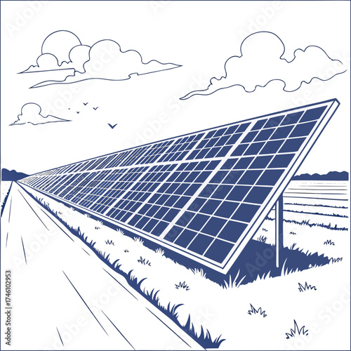 Expansive solar panel array stretching into the distance under a cloudy sky with birds flying