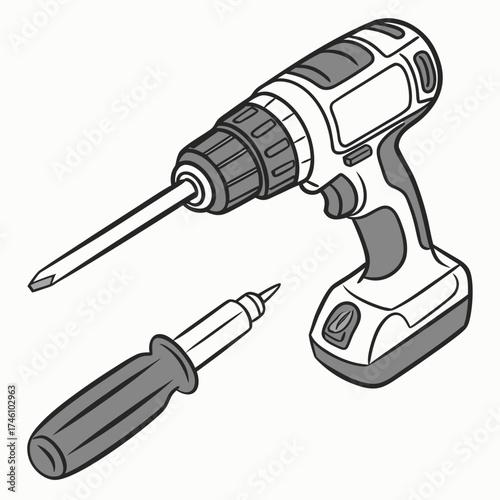 Illustration of a cordless power drill and a manual screwdriver with interchangeable bits on a white background