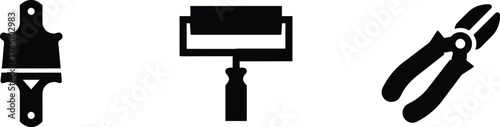 Set of black icons including gasket cutter paint roller and pliers vector