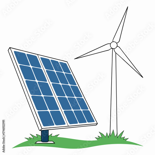 Illustration of a solar panel and wind turbine representing renewable energy sources on green grass