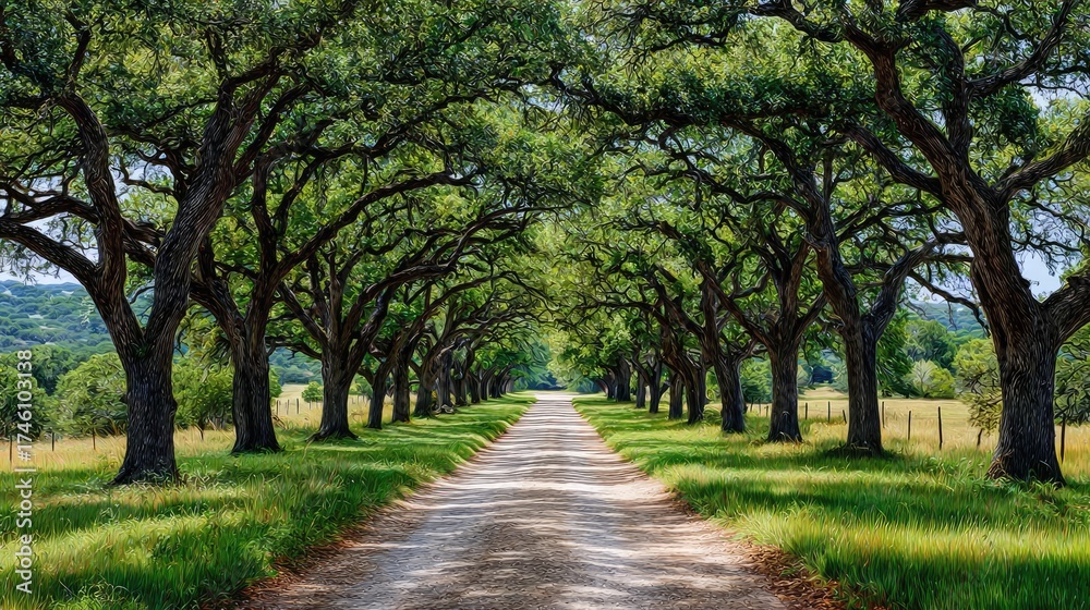 Fototapeta premium Oak trees lining serene road in painting concept. Serene tree-lined path inviting peaceful outdoor exploration.