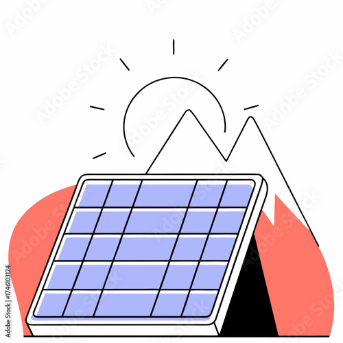Modern solar panel generating clean energy under a bright sun with mountain peaks in the background
