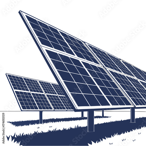 Modern solar panel array installation on grassy field under a clear sky generating clean renewable energy