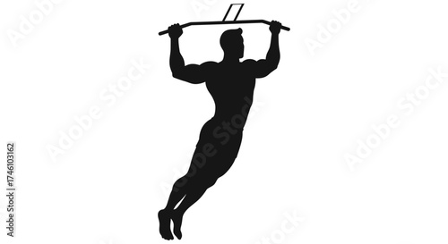 Muscular silhouetted man performing a dynamic pull up exercise on a horizontal bar for fitness and strength training.
