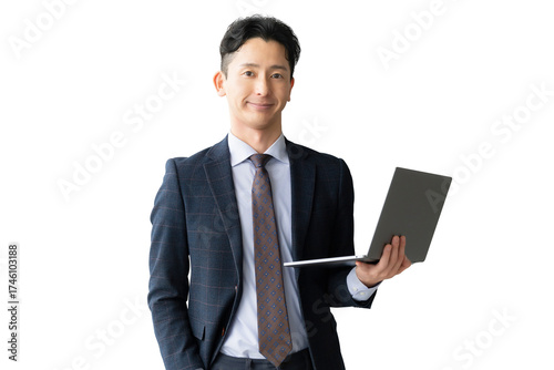 ノートパソコンを持つ男性ビジネスマン（背景透過PNG）