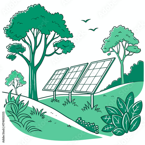 Three solar panels stand in a lush green landscape with trees and birds flying in the sky