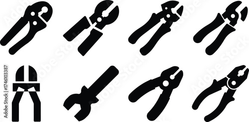 Collection of eight different plier and cutter tool icons set vector
