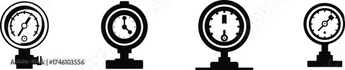 Set of four black and white pipe pressure test gauge icons for industry vector