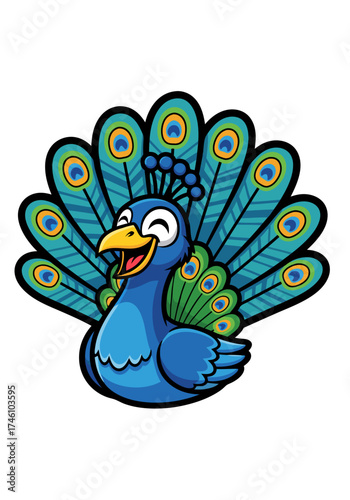 Cheerful cartoon peacock vector mascot with vivid blue feathers and playful expression. Isolated on a clean white background, this cute and funny bird adds a touch of joy to any project