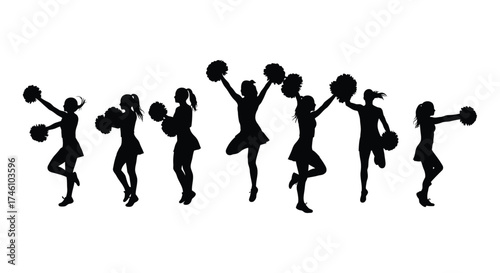 Dynamic cheerleader silhouettes performing energetic routines with pom-poms capturing team spirit and athleticism