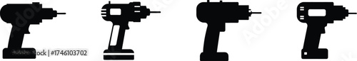 Collection of four black power drills isolated silhouette set vector