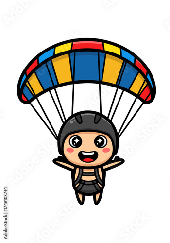 A cute cartoon skydiver with a colorful parachute against a white background. The cheerful character wears a helmet and smiles while skydiving, captured in a vector illustration