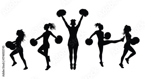 Dynamic silhouettes of cheerleaders in action posing with pom poms for sports and performance themes