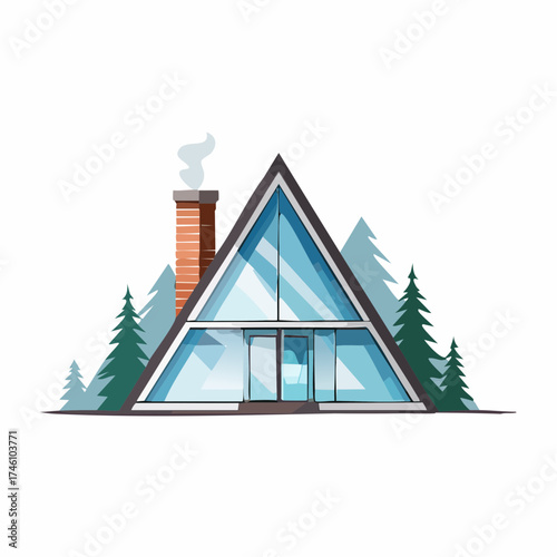 Modern AFrame Cabin with Glass Facade and Chimney Vector Illustration.