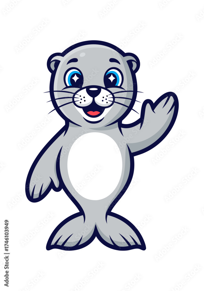 Obraz premium A cheerful cartoon mascot of a gray seal is featured waving its fin, set against a clean white backdrop, creating a cute vector illustration ideal for children's content and educational purposes