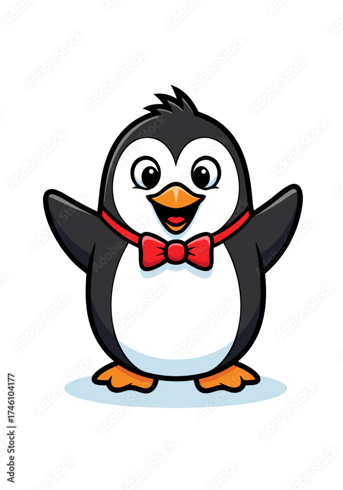 Obraz premium A cheerful penguin mascot with a red bowtie is featured in a cartoonish style illustration, isolated on a white background. The vector design is cute, friendly and perfect for children's animation