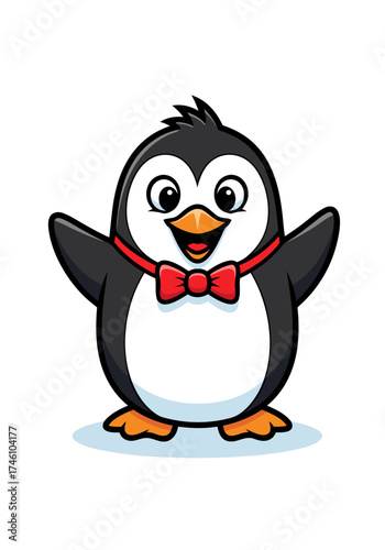 A cheerful penguin mascot with a red bowtie is featured in a cartoonish style illustration, isolated on a white background. The vector design is cute, friendly and perfect for children's animation