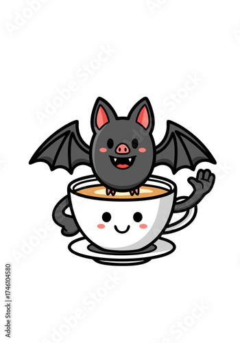 A charming vector graphic featuring a black cartoon bat happily floating on a coffee cup, both adorned with cheerful faces against a clean white backdrop