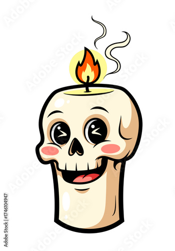 A cute cartoon mascot features a skull-shaped candle with a cheerful expression, rosy cheeks, and a bright flame on a white background