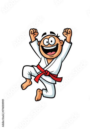 An upbeat cartoon mascot leaps with excitement in his white martial arts outfit cinched with a vibrant colored belt. The vector graphic against a plain backdrop radiates cheerfulness and energy