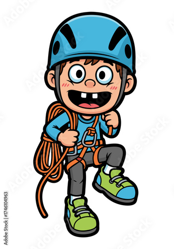A cheerful cartoon climber boy in a blue helmet with a safety harness and orange rope ascends isolated on a white background. This vibrant vector illustration captures the enthusiasm of climbing with