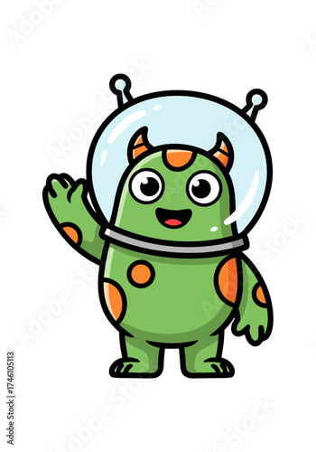 Cartoon illustration of a cute green alien mascot with orange spots, wearing a transparent helmet and waving against a white background. Vector clip-art for kids design