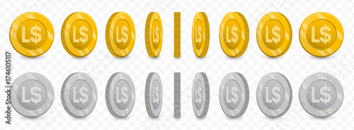 Liberian Dollar, Realistic Style Golden and Silver Coin with Currency Symbol Set