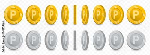 Macanese Pataca, Pula, Metallic Point Coin in Different Angles, Golden and Silver Illustration