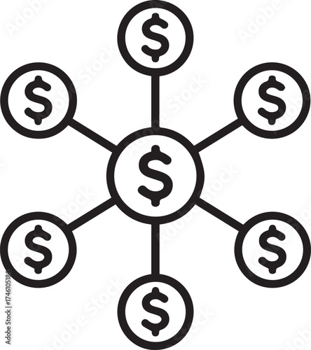 Money network flowing from central hub, illustrating financial connections, investment growth, and decentralized finance in a modern minimalist style