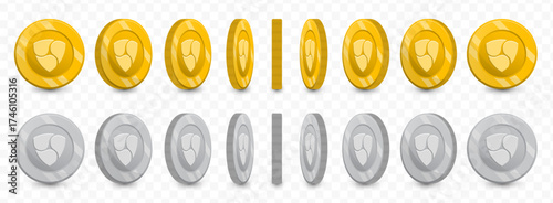 Nem, Detailed Shiny Golden and Silver Cryptocurrency Coin Rotation Animation Elements