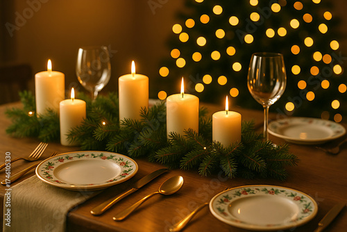 Luxurious and festive Christmas dinner table setting with candles, pine garland, golden cutlery, and wine glasses. Ideal for holiday celebration themes, restaurant marketing, and seasonal promotions.