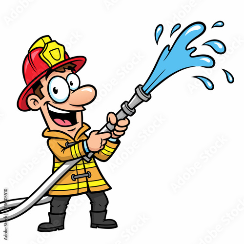 A joyful cartoon firefighter character is spraying water with a hose. He is wearing a red helmet and tan uniform. The character is isolated on a white background, making it ideal for various design