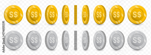 Singapore Dollar, Glossy Realistic Singapore Dollar Coin Set Animation Turnaround Money