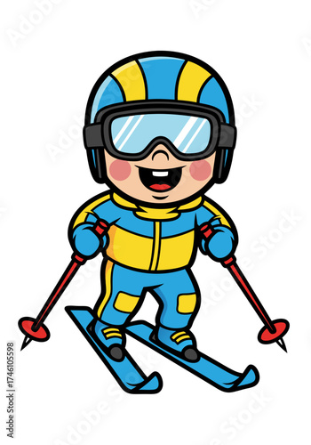 A cheerful cartoon skier depicted with a blue and yellow outfit and helmet, joyfully holding ski poles. Vector illustration on white background for children's education and winter sports