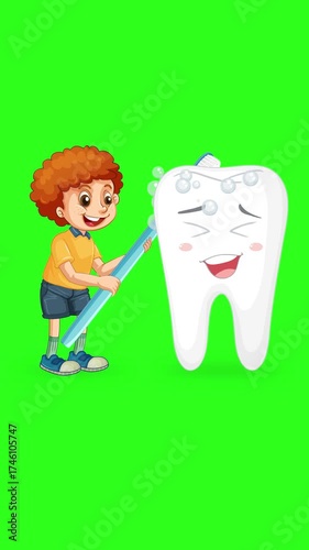 Young Boy Brushing Smiling Cartoon Tooth on Green Background