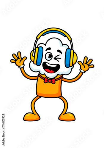 A playful cartoon mascot with headphones in yellow and blue is winking cheerfully. The character features orange limbs and a red bow tie against a clean white background
