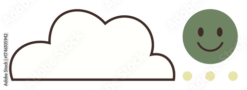 Green smiling face beside an outlined cloud with three dots below. Ideal for positivity, environmental awareness, simplicity, well-being, technology, optimism, mindfulness. Simple flat metaphor