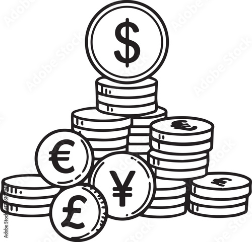 Financial growth concept with stacked coins representing dollar, euro, yen, and pound, a symbol of global finance and investment opportunities