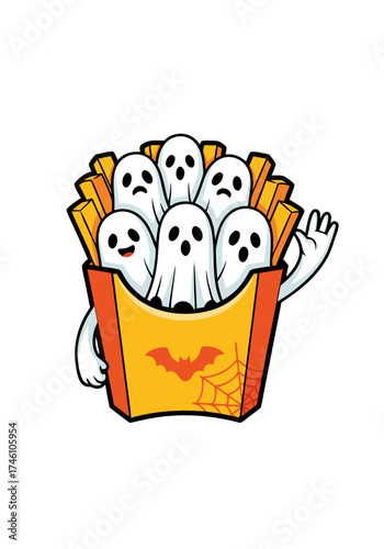 A whimsical pixel art illustration presents ghost-shaped French fries in a red and yellow container, adorned with a bat and spiderweb icon. Perfect for Halloween themed designs